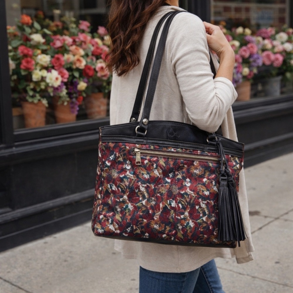 Patricia Nash Scarlet Bloom Floral Leather Tote Bag  Multi Color Tassel Shoulder